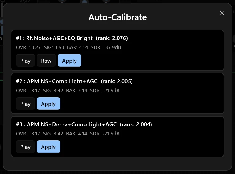Auto-Calibrate dialog ranking three processing chains with overall, signal, background, and SDR scores, each with Play, Raw, and Apply buttons.