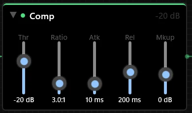 Compressor node with ratio, threshold, and makeup gain controls.