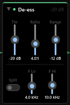 De-esser node with frequency range and threshold sliders.