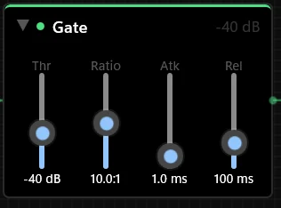 Noise Gate node with threshold, attack, and release sliders.