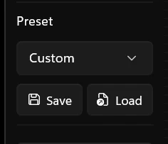 Preset selector with the Custom preset, plus Save and Load buttons.