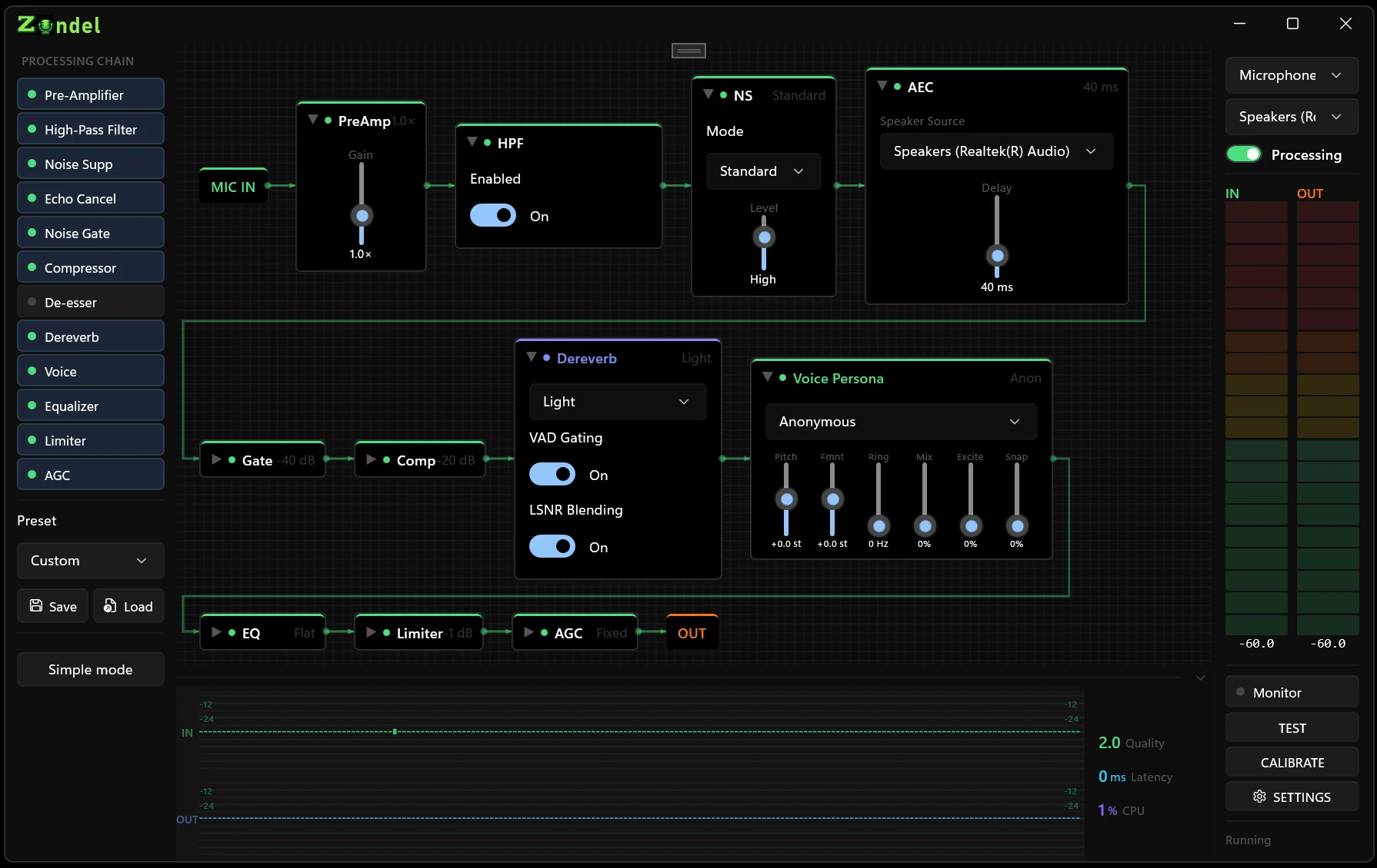 Zondel Pro mode workspace: processing chain on the left, node graph in the center, IN and OUT meters on the right, and waveform plus Quality, Latency, and CPU at the bottom.