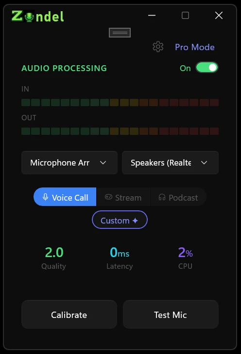 Zondel main window with the processing switch on, IN and OUT meters, Voice Call preset selected, and Quality, Latency, and CPU readouts.