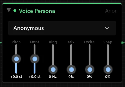 Voice Persona node with persona picker and pitch, formant, ring, and mix sliders.